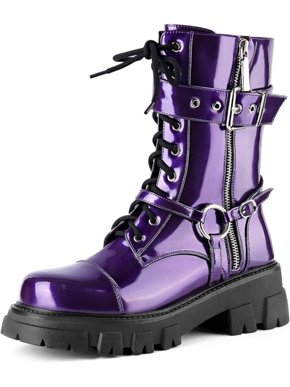 Women's Patent Purple Harness Motorcycle Steampunk Combat Chunky Mid Calf Boots
